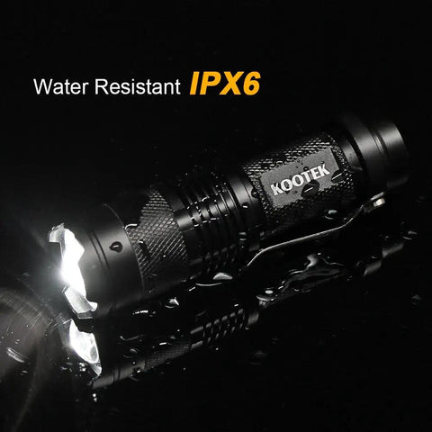 Ultra Bright Mini LED Flashlight Pen Style 5 Pack shown with water resistance in pocket-sized durable form, 300 lumens for camping, cycling.