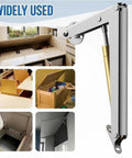Heavy Duty Lid Support Hinges With Soft Close Gas Struts For Cabinets displayed in kitchen and desk applications