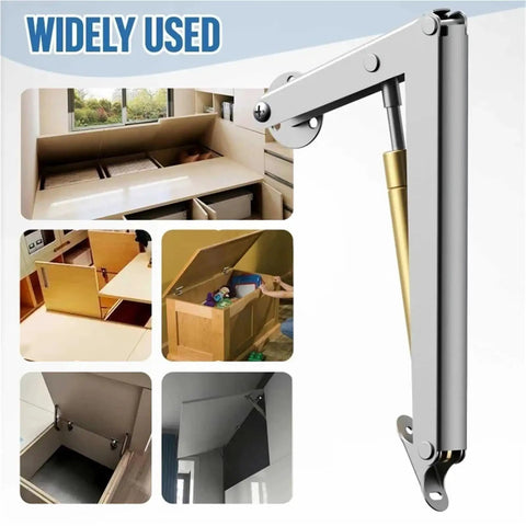 Heavy Duty Lid Support Hinges With Soft Close Gas Struts For Cabinets displayed in kitchen and desk applications