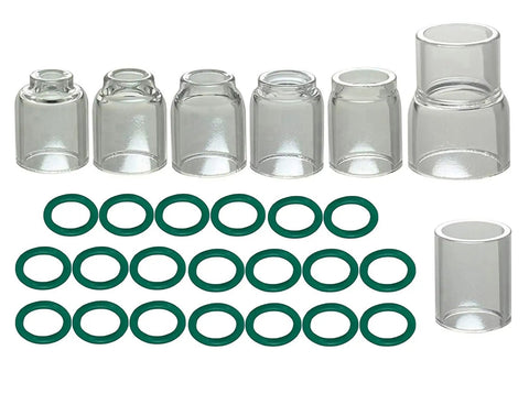 Quartz TIG Glass Cup Set For SR WP 9 17 18 20 25 26 Torch, 27-Piece Kit with green O-rings, clear Pyrex alumina cups.