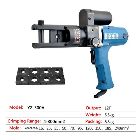 Portable Electric Hydraulic Pliers For Copper And Aluminum Terminal Crimping Effortlessly Handle Big Jobs With Powerful Yz-300a close-up view with mold attachments.