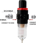 Front view of Airbrush Compressor Pressure Regulator with Water Trap Filter and Gauge, showing G1/4 and G1/8 male connectors for compressor and hose.