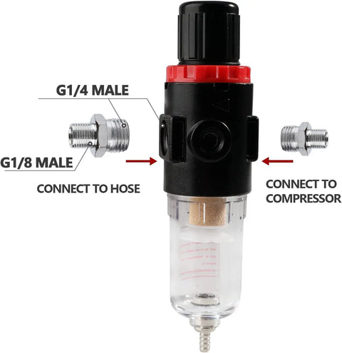 Front view of Airbrush Compressor Pressure Regulator with Water Trap Filter and Gauge, showing G1/4 and G1/8 male connectors for compressor and hose.