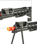 Gas Powered Metal DSR-1 Bullpup Airsoft Rifle In Dark Earth, close-up of muzzle and rail with orange tip, rugged metal construction.