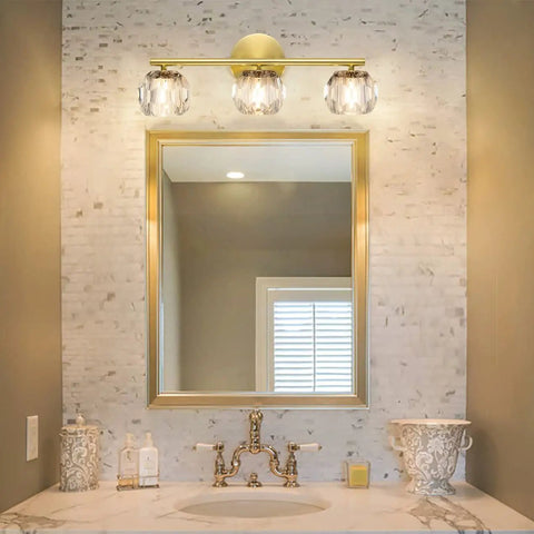 Three Light Gold Brass Vanity Light Fixture With Clear K9 Crystal Glass For Bathroom Over Mirror Modern Wall Sconce 120V G4 Base Lit Glow That Elevates Your Space And Keeps It Bright