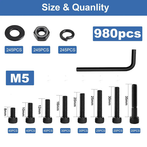 980 Piece M5 Hex Socket Head Cap Screws Set With Nuts And Washers Including M5x8mm Through M5x35mm Fasteners And 245 Nuts 245 Washers For Heavy Duty 3D Printer CNC Frames DIY Projects, size chart