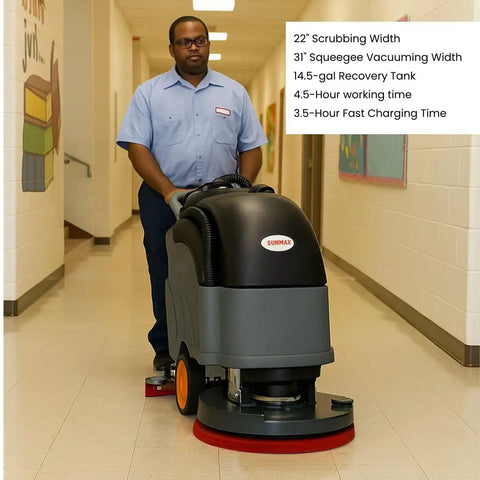 Person using Self Propelled 22 Inch Walk Behind Floor Scrubber Dryer With Forward And Reverse Drive in hallway