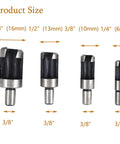 Product size image of Top Shelf Heavy Duty Titanium Coated Wood Plug Hole Cutter Set Packing Eight Badass Dowel Borer Bits in various sizes.