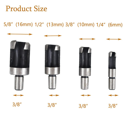 Product size image of Top Shelf Heavy Duty Titanium Coated Wood Plug Hole Cutter Set Packing Eight Badass Dowel Borer Bits in various sizes.