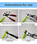 Rock Solid Assorted Worm Drive Hose Clamp Kit With 230 Pieces For Silicone Hoses And Water Pipelines That Adjust Perfectly To Fasten Pipe Joints Securely Without Any Shifting Or Leaks On All Kinds Of Air Tubes. Instruction sheet for spring clamp pliers on green hose