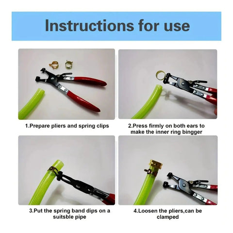 Rock Solid Assorted Worm Drive Hose Clamp Kit With 230 Pieces For Silicone Hoses And Water Pipelines That Adjust Perfectly To Fasten Pipe Joints Securely Without Any Shifting Or Leaks On All Kinds Of Air Tubes. Instruction sheet for spring clamp pliers on green hose