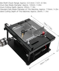 Sliding Compound Miter Saw For Home Shop Multifunction Mini Table Saw With 3000RPM 35mm Cutting Depth 0 To 90 Degree Bevel Extensible Table Crosscutting Versatility Boss Level Material Cutting Tool, black metal with measurement details