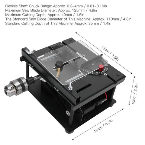 Sliding Compound Miter Saw For Home Shop Multifunction Mini Table Saw With 3000RPM 35mm Cutting Depth 0 To 90 Degree Bevel Extensible Table Crosscutting Versatility Boss Level Material Cutting Tool, black metal with measurement details