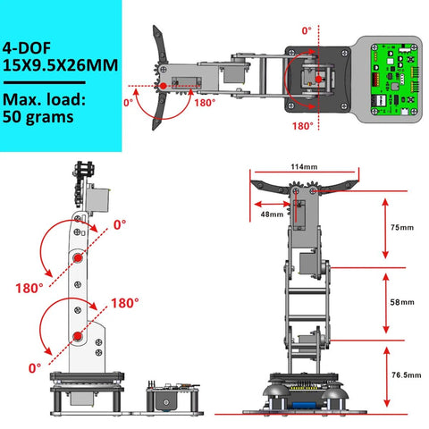 SIYEENOVE ESP32 4-DOF robot arm kit diagram: side, front, and top views with dimensions.