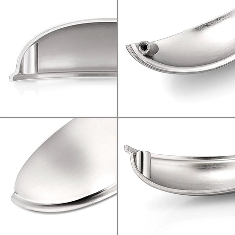 Close-up views of 5 Pack Brushed Nickel Cup Cabinet Pulls With 3 Inch Hole Centers And 3.7 Inch Overall Length Zinc Alloy Drawer Handles.