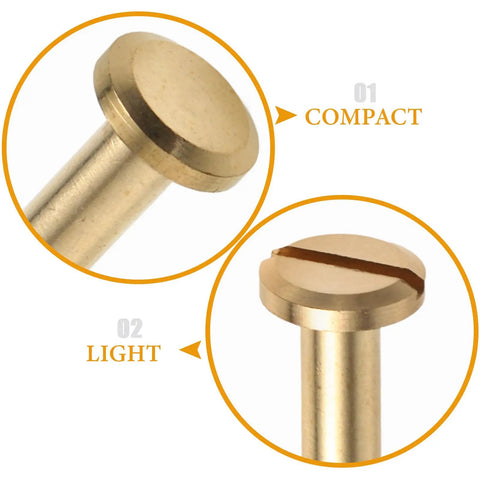 Close-up of Solid Copper Binding Barrels and Screws for Scrapbooks, compact design with a light finish, ideal for crafts.