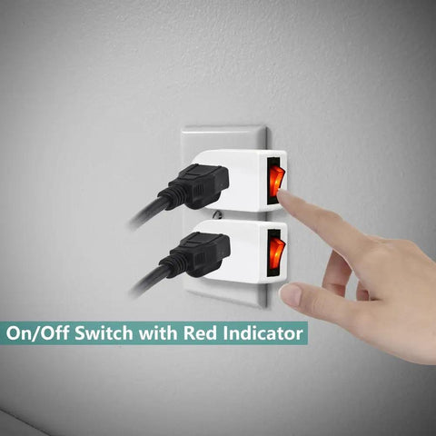 Grounded Wall Tap Outlet Adapter 4 Pack With Red Indicator On Off Switch ETL Listed Super Handy For Lamps And Devices, two outlets on wall, hand switching off.