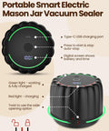Upgraded Electric Mason Jar Vacuum Sealer Kit With Wide And Regular Mouth Lids, Strong 80 KPa Pump, 2500mAh Battery displayed