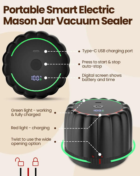 Upgraded Electric Mason Jar Vacuum Sealer Kit With Wide And Regular Mouth Lids, Strong 80 KPa Pump, 2500mAh Battery displayed