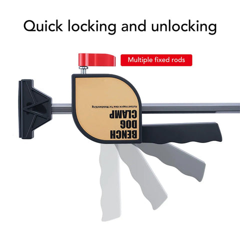 Two Piece Bench Clamp Kit For Woodworking With Non Slip Jaws and Scratch Resistant Pads, quick locking mechanism shown