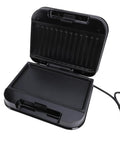 Tnfeeon Nonstick Electric Indoor Grill And Panini Press Maker, 750W Portable Countertop BBQ with open lid showing nonstick surface.