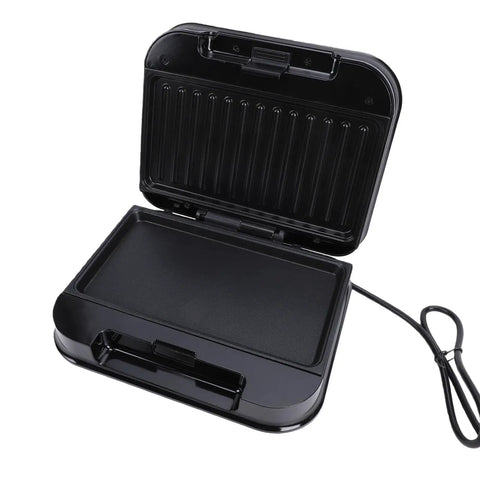 Tnfeeon Nonstick Electric Indoor Grill And Panini Press Maker, 750W Portable Countertop BBQ with open lid showing nonstick surface.