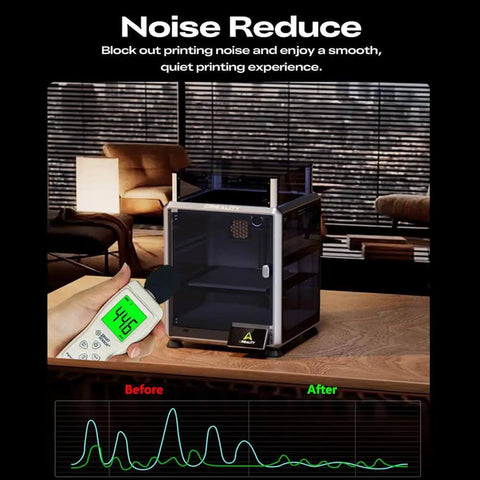 K1 SE And K2 SE 3D Printer Enclosure Tent With Pro Grade Temperature Control on desk, noise reduction measurement in progress.
