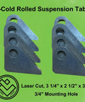 Hella Tough Heavy Duty Suspension Mount Tabs Cold Rolled Steel Shock And Axle Bracket Plates for Off Road Race Cars displayed with dimensions.