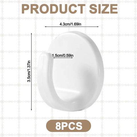 Eight Piece White Peel And Stick Wall Hooks Offer A Super Strong Hold That Skips The Drilling Headaches While Making Everyday Organizing Easy Peasy And Totally Damage Free For Any Room, size details shown.