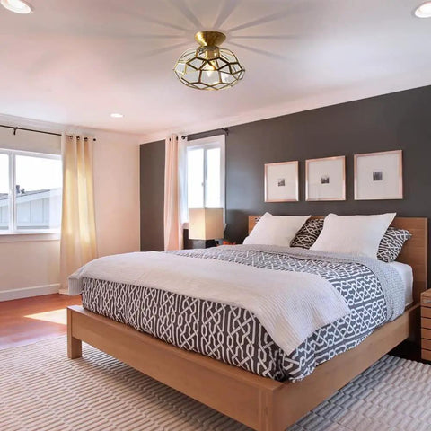 Bedroom with 12 Inch Vintage Brass Semi Flush Mount Ceiling Light With Diamond Glass Dome Gold Copper Finish.
