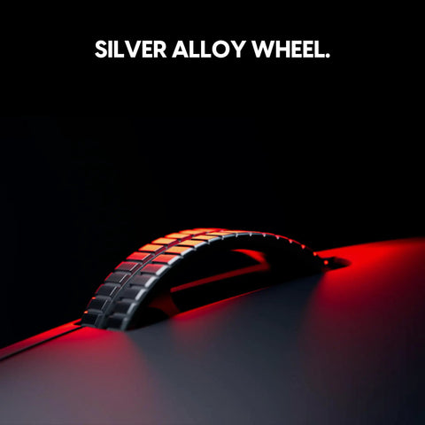 Es FS1 Wireless Gaming Mouse Pro Level Precision For Real Gamers With 56g Symmetrical Design And Low Profile Hump Black Finish showing silver alloy wheel detail.