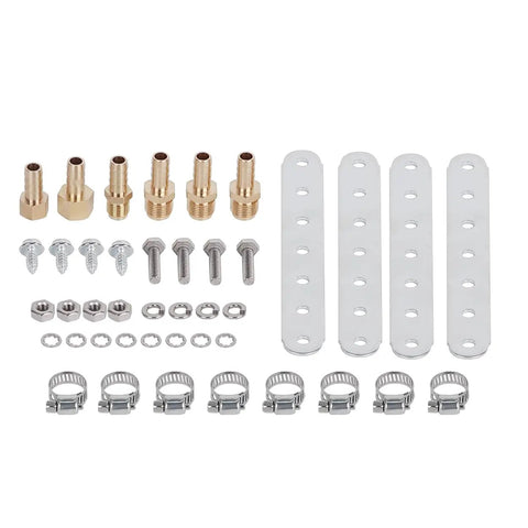 Mounting hardware for Low Pressure Drop Transmission Oil Cooler Kit Black 8.5 By 22.75 By 1.3 Inches with various bolts and brackets