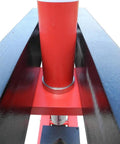 Built Tough 20 Ton Air Powered Hydraulic Shop Press With Adjustable Height Base And Dual Direction Ram Cylinder view of red ram and support beam.