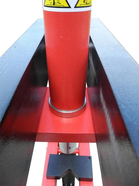 Built Tough 20 Ton Air Powered Hydraulic Shop Press With Adjustable Height Base And Dual Direction Ram Cylinder view of red ram and support beam.