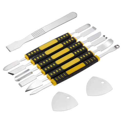Complete 9 Piece Stainless Steel Pry Bar Set for Screen Glue Removal and Delicate Disassembly with ergonomic handles shown in detail