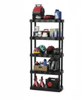 5 Tier Freestanding Plastic Storage Shelving Unit Gets You Hella Organized With A Straight Up Rugged Polypropylene Build That Boasts 350 Lbs Total Heavy Load Capacity Perfect For Garage Or Basement Projects with tools and helmets.