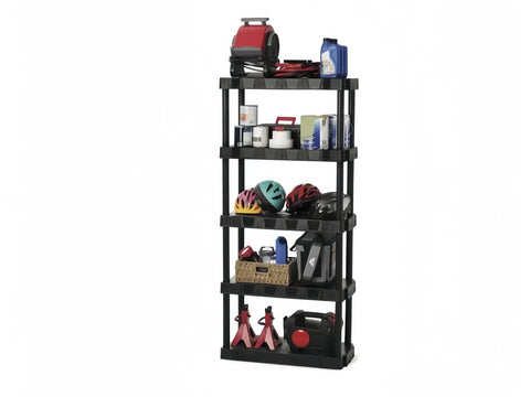 5 Tier Freestanding Plastic Storage Shelving Unit Gets You Hella Organized With A Straight Up Rugged Polypropylene Build That Boasts 350 Lbs Total Heavy Load Capacity Perfect For Garage Or Basement Projects with tools and helmets.