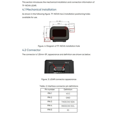 Installation diagram and connector of TF-NOVA Lidar Sensor For Obstacle Detection, Compact Linear Spot Laser Radar With 0.1 To 7 M Range, Indoor Outdoor Use, Rock Solid Sensing, UART IIC And IO Support, Ideal For Robotics, Drones, And Smart Automation.