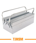Tough As Nails Two Tier Stainless Steel Toolbox With Three Folding Trays And Rugged Carry Handle 18 Inch compact toolbox viewed from an angle.