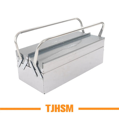Tough As Nails Two Tier Stainless Steel Toolbox With Three Folding Trays And Rugged Carry Handle 18 Inch compact toolbox viewed from an angle.