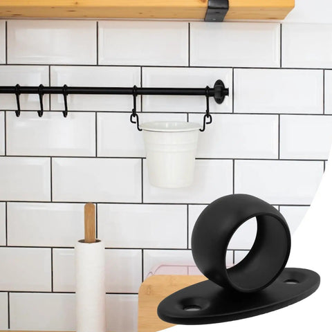 Rock Solid Stainless Steel Closet Rod Flange With Rust Proof Pipe Bracket And Complete Screw Anchor Kit mounted on a tile wall.