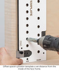 Precision Shelf Pin Drilling Template Slides In Smooth For Dead On Accuracy On Face Frame And Frameless Cabinets With Indexed Guides To Nail Perfect Spacing Every Single Time SPT2 with a drill positioned on a wooden cabinet.