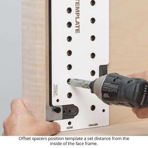 Precision Shelf Pin Drilling Template Slides In Smooth For Dead On Accuracy On Face Frame And Frameless Cabinets With Indexed Guides To Nail Perfect Spacing Every Single Time SPT2 with a drill positioned on a wooden cabinet.