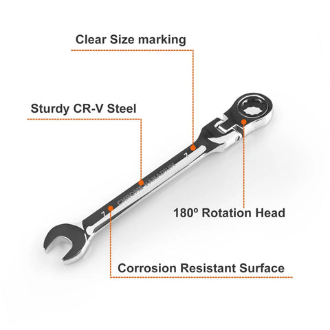 Heavy Duty Flex Head Ratchet Wrench 7MM Metric Spanner showing 180° rotation head and sturdy chrome vanadium steel finish.