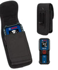 Laser Measure Case Holster With Belt Loop And Magnetic Closure For Bosch GLM100-23 GLM165-40 GLM165-25G MiLESEEY D5-70m DTAPE DT50 Huepar BLM-100G And Other Distance Meters, Durable Pouch With Metal Clip For Safe, Quick Access On The Job Site. black nylon holster with belt clip holding a Bosch laser measure