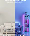 Before and after image of a living room with RGB LED Strip Lights 32.8Ft, showcasing color-changing effect on furniture and decor.