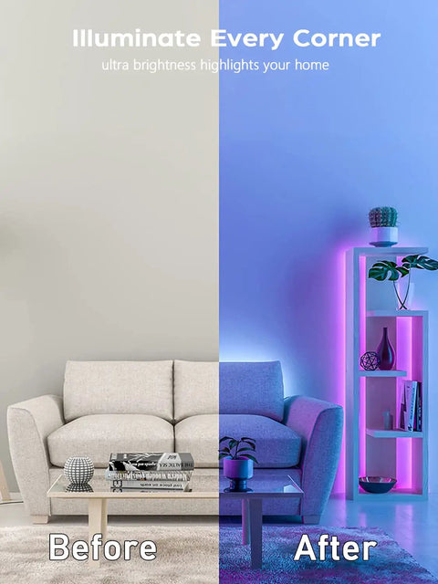 Before and after image of a living room with RGB LED Strip Lights 32.8Ft, showcasing color-changing effect on furniture and decor.