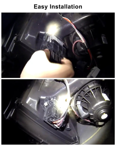 Installing Auto Control Blower Motor Resistor Replacement for Hyundai Santa Fe Sonata with wires and fan visible.