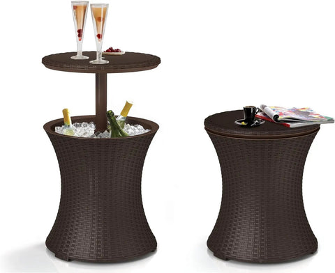 Cool Bar Rattan Outdoor Cooler Table Brown For Backyard Barbecues and Party Ready Events with 30 Liter Built-in Table