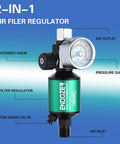 G1/4 Inch Inlet And Outlet Air Compressor Water Separator With Drain Valve And Pressure Regulator, labeled parts and green filter